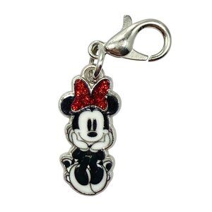 Vintage Minnie Mouse Clip On Charm Zipper Pull Enamel Red Bow Purse Bag Signed